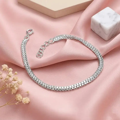 925 Sterling Silver Square Box Chain Bracelet for Boys and Men with High Polish Finishing  on Soft Pink Satin Background