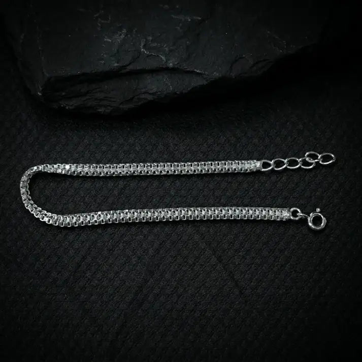 925 Sterling Silver Square Box Chain Bracelet for Boys and Men with High Polish Finishing  on Soft Pink Satin Background
