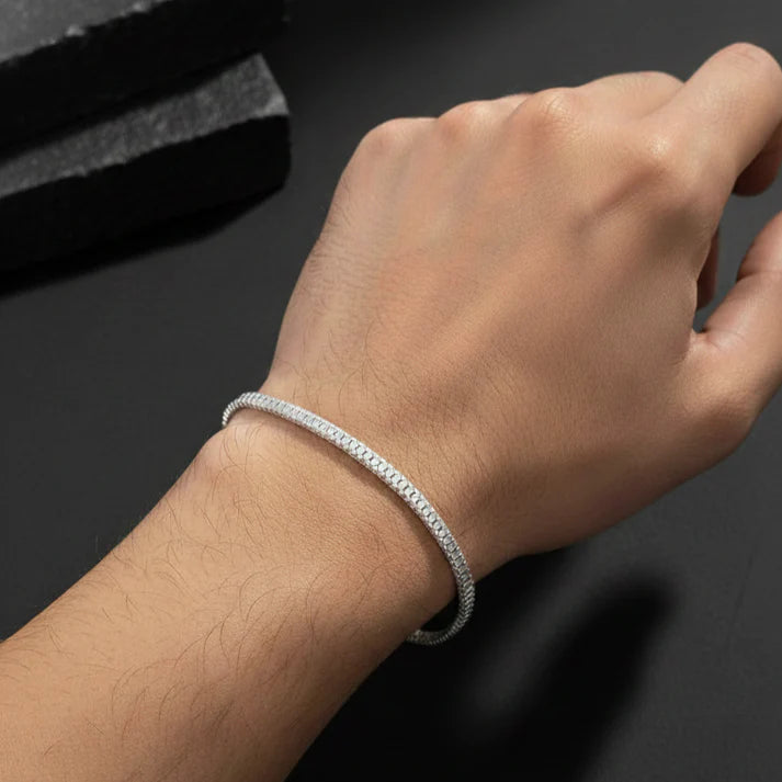925 Sterling Silver Square Box Chain Bracelet for Boys and Men with High Polish Finishing  on Soft Pink Satin Background