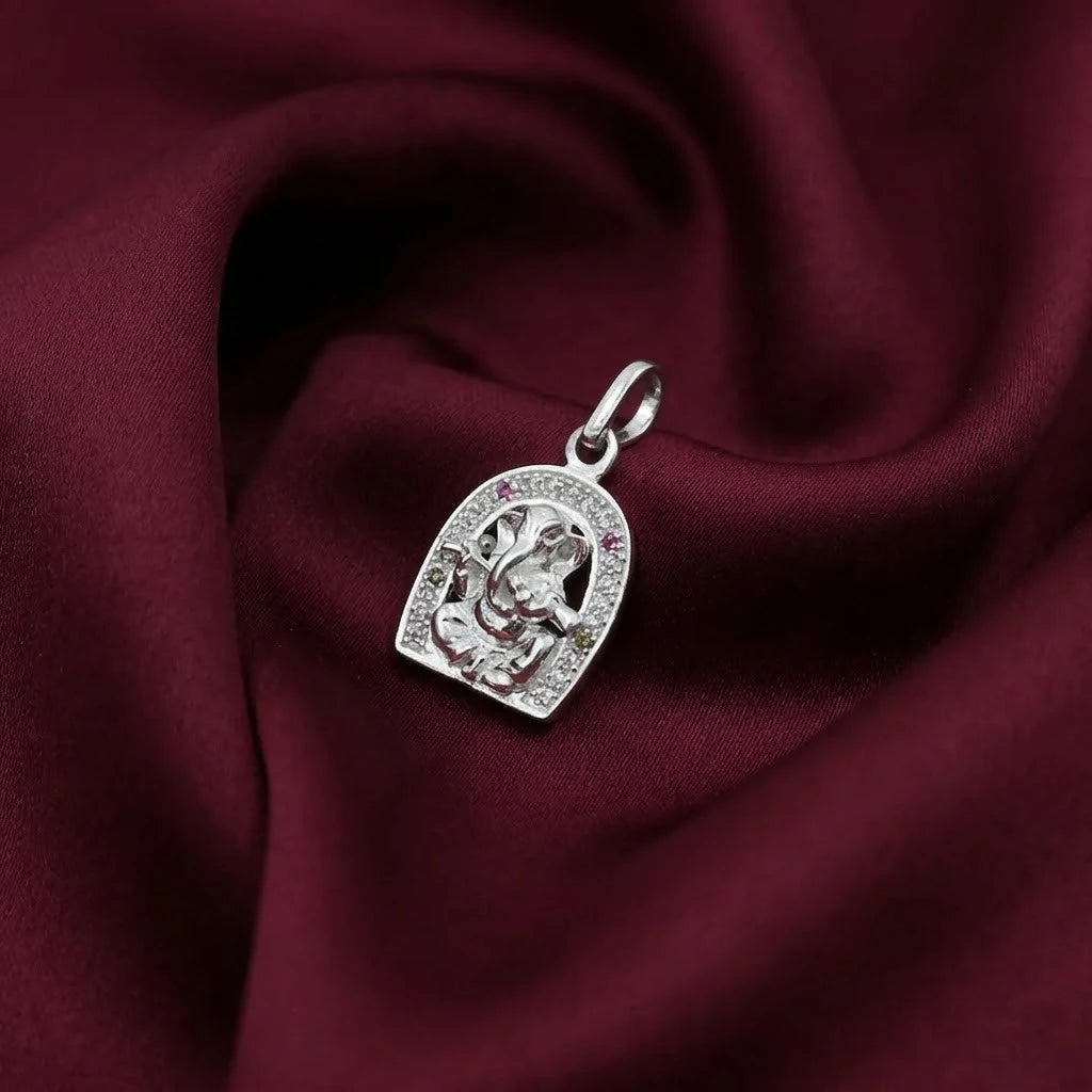 Silver Small Ping and Green Gem Stone Ganesh Ji Pendant