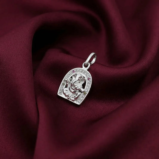 Silver Small Ping and Green Gem Stone Ganesh Ji Pendant