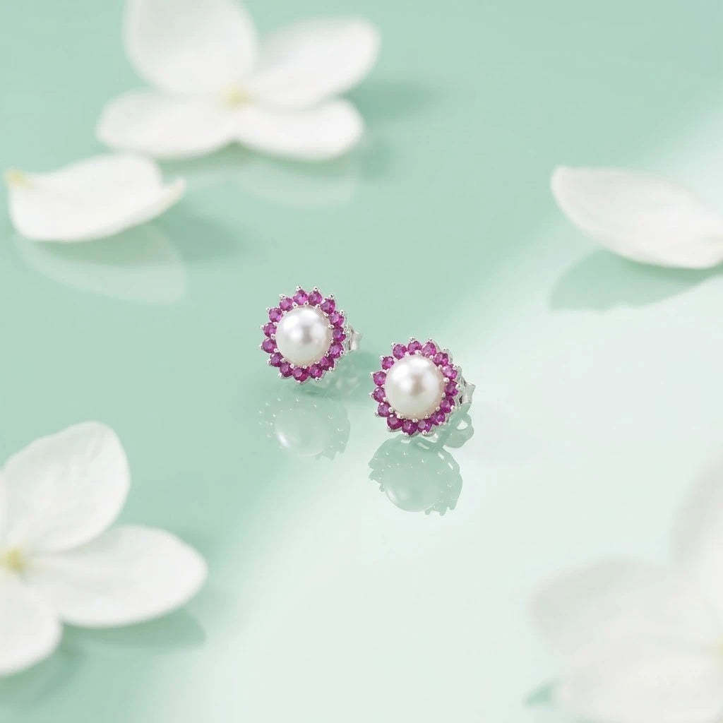 Silver Small Pink Stone on Edge Flower Design Earrings for Girls