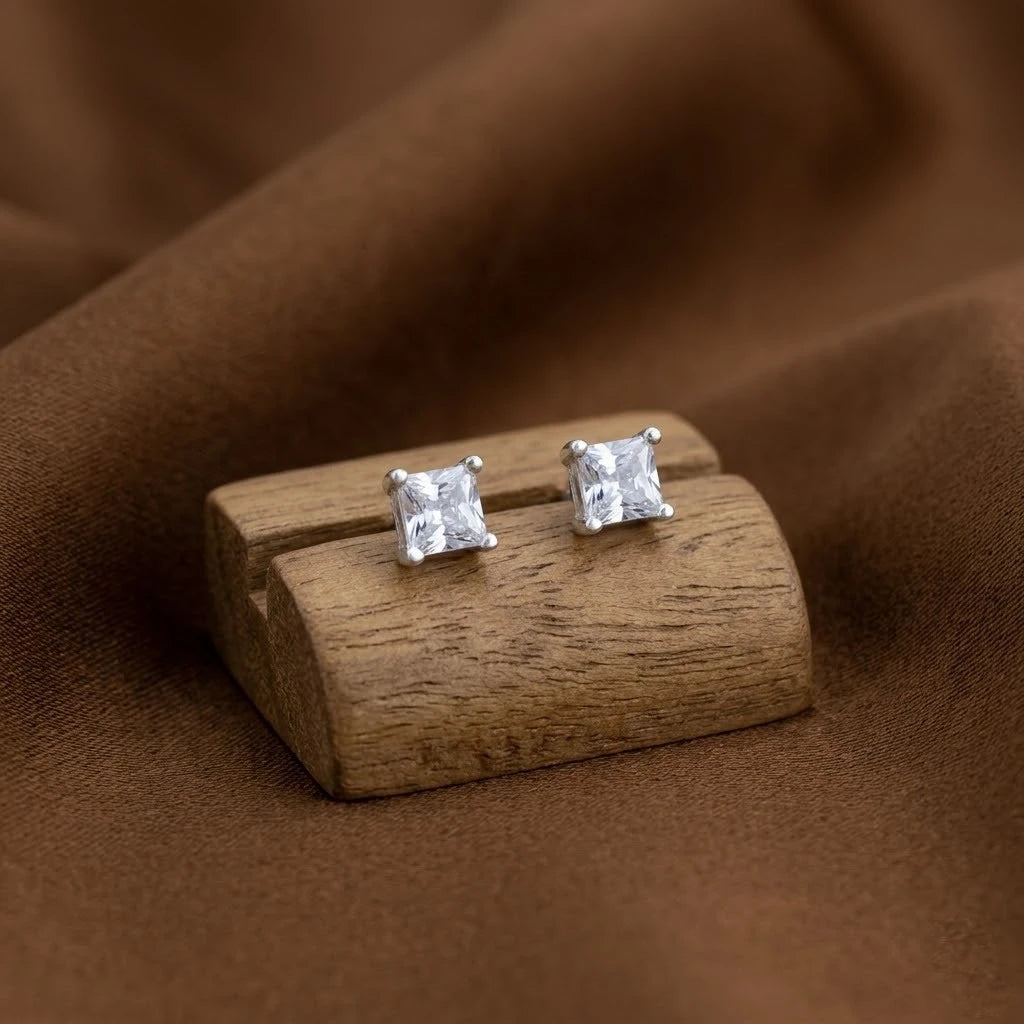 Silver Square Solitaire Earring