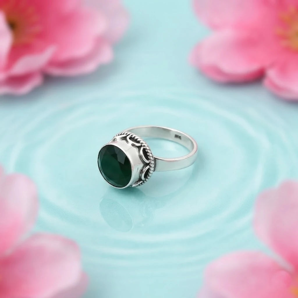 Silver Studded Green Stone Ring