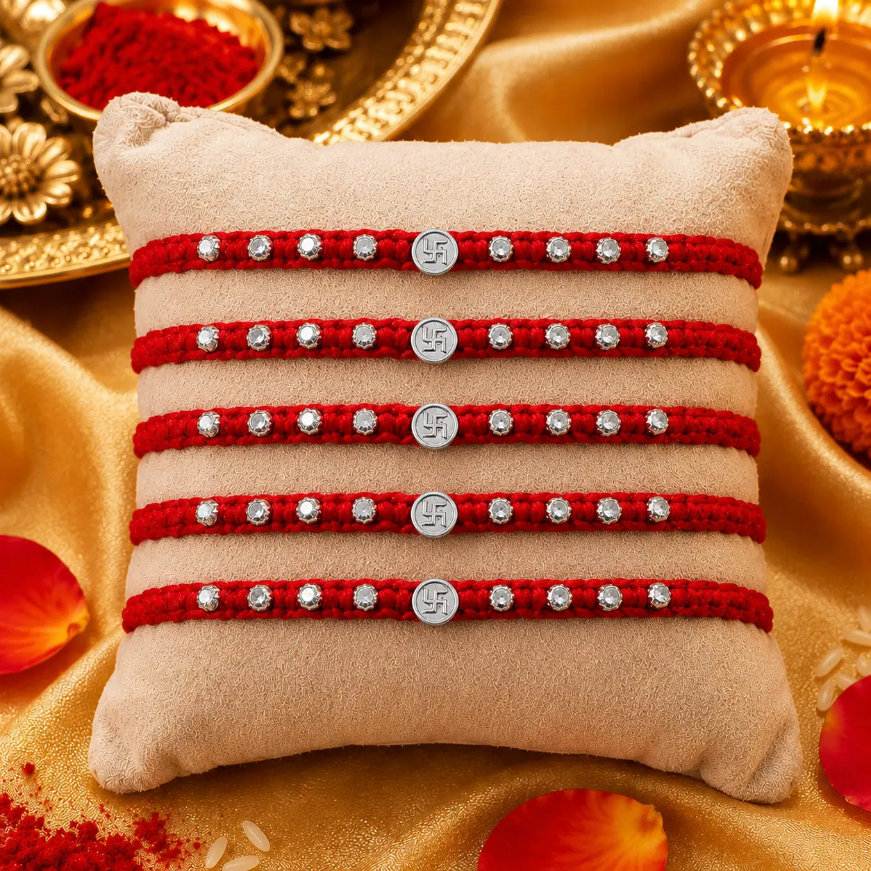 Silver Swastik Rakhi with red braided thread and silver beads on a festive cream cushion