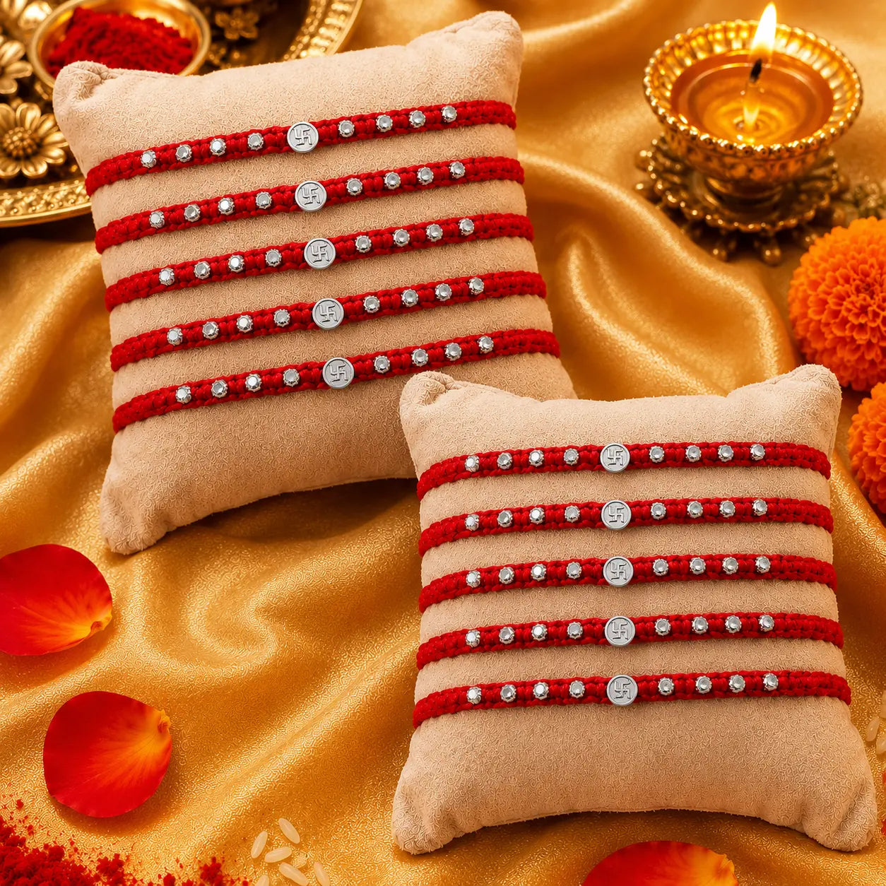 Silver Swastik Rakhi with red braided thread and silver beads on a festive cream cushion