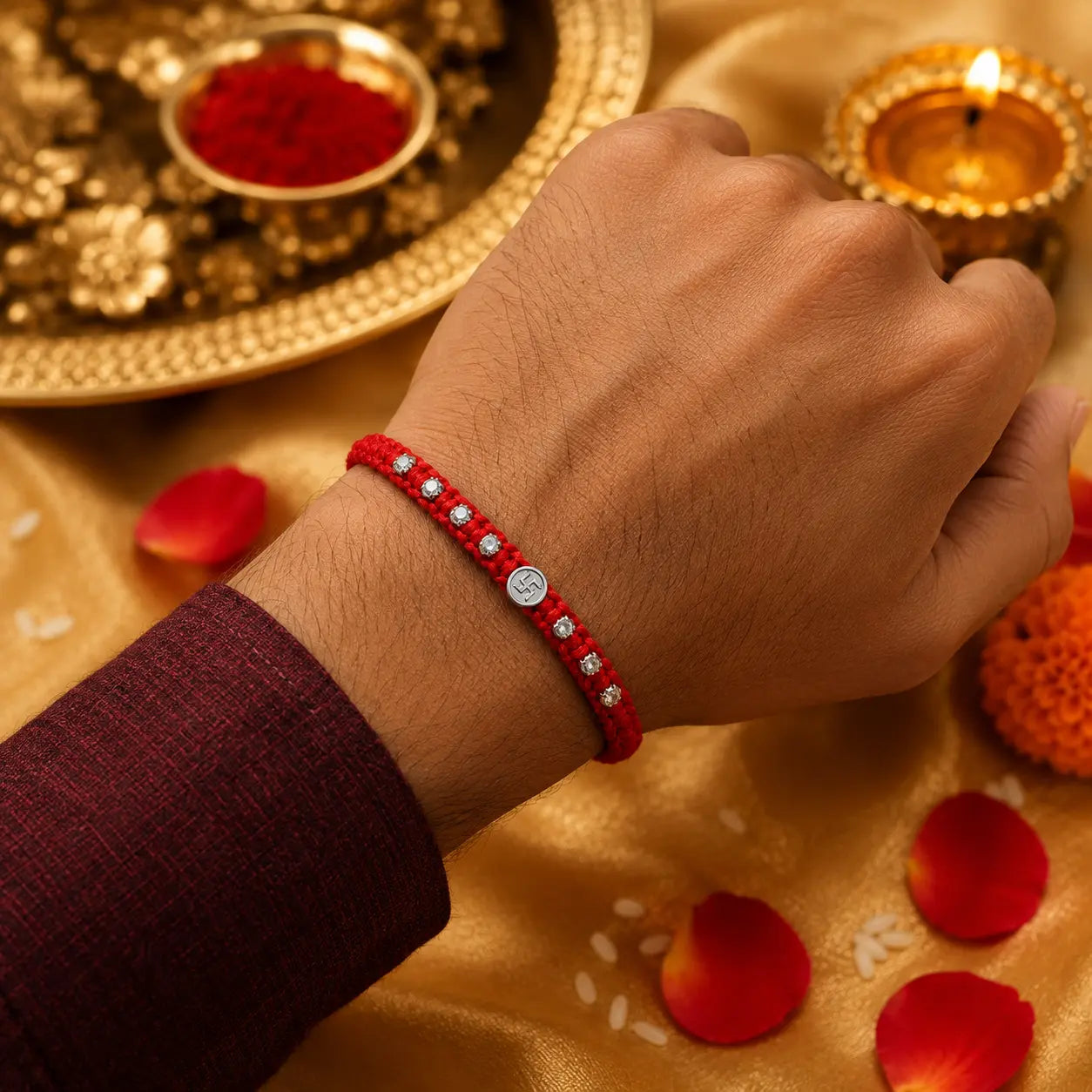 Silver Swastik Rakhi with red braided thread and silver beads on a festive cream cushion