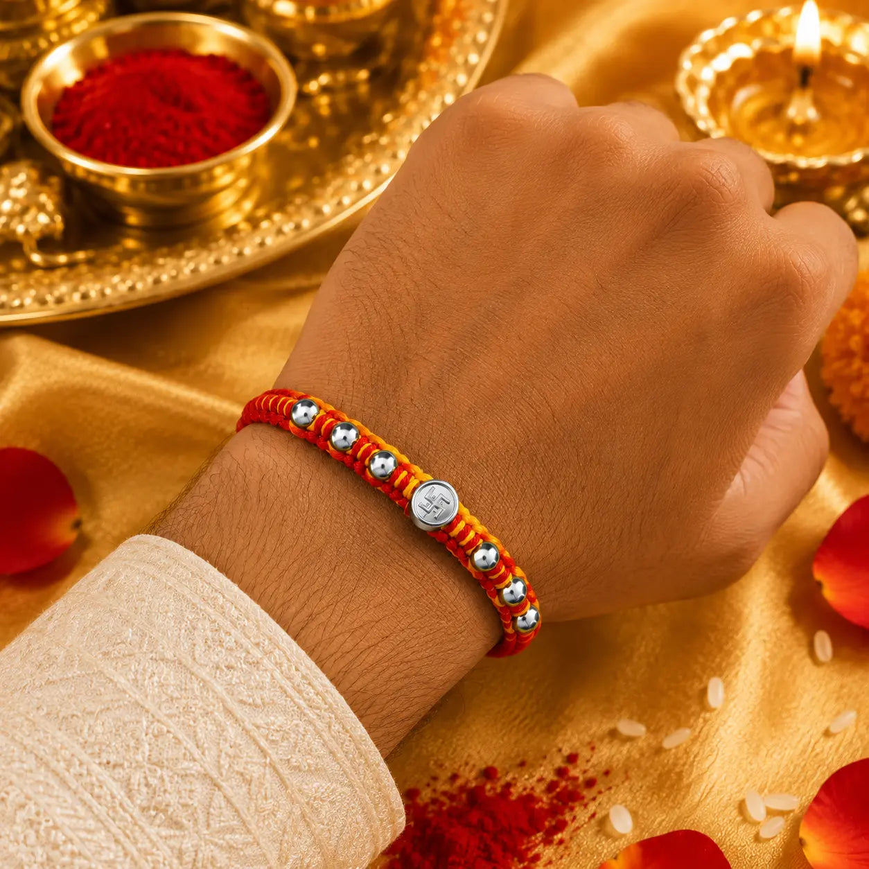Premium silver Swastik Rakhi with red and yellow thread and silver beads on a beige cushion