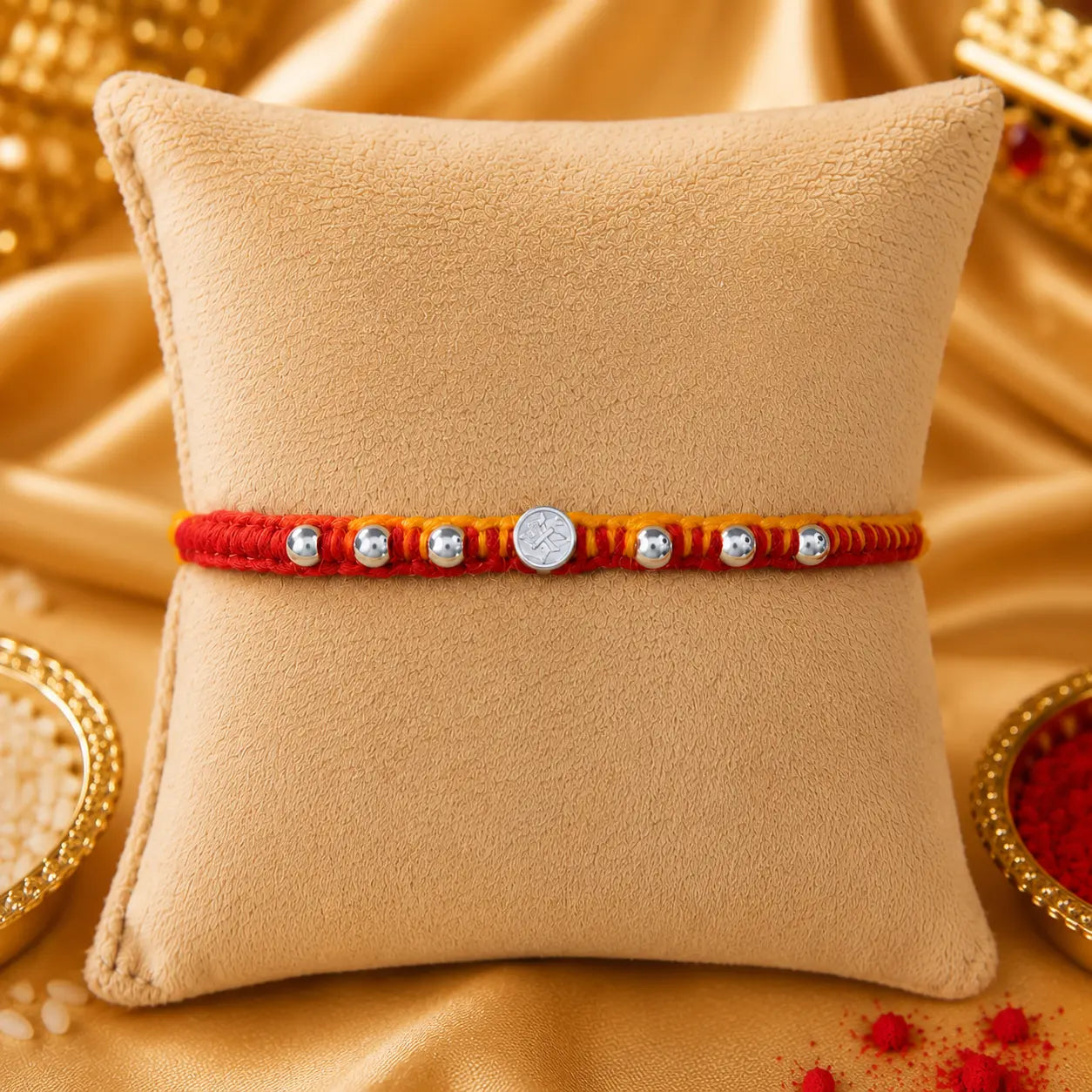 Premium silver Swastik Rakhi with red and yellow thread and silver beads on a beige cushion