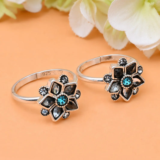 Silver Toe Rings with Blue Stone – Floral Design for Women
