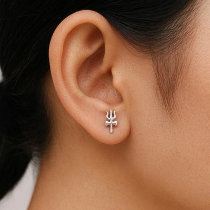 Silver Trishul Damru Divine Stud Earrings