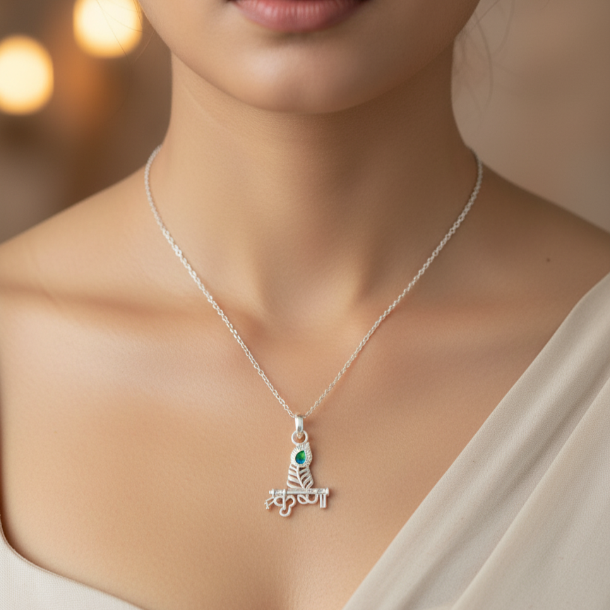 Silver divine flute of Lord Krishna Pendant