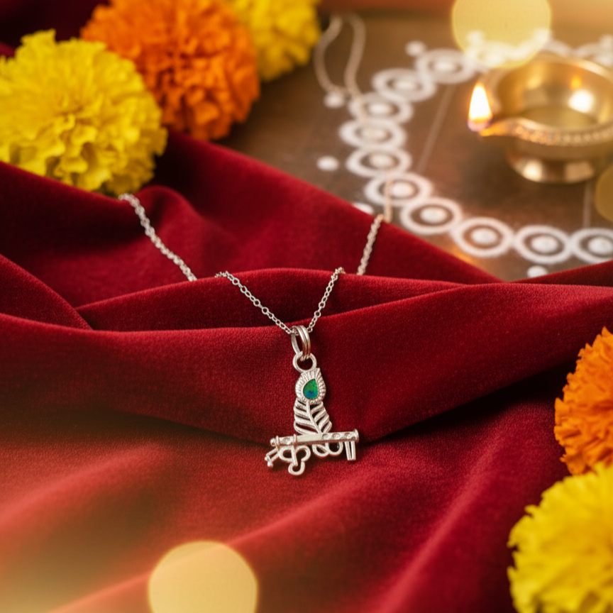 Silver divine flute of Lord Krishna Pendant