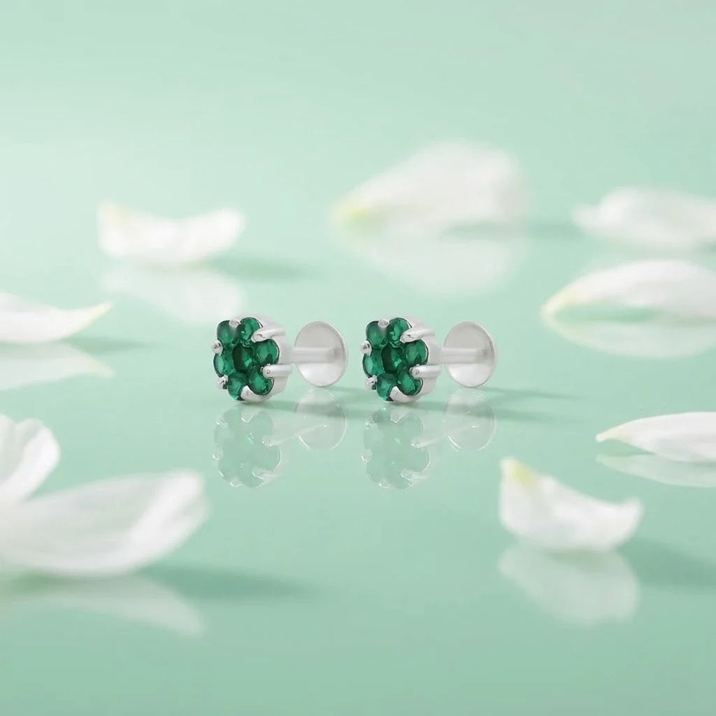 Small Silver Stud Earrings With Green Stones.