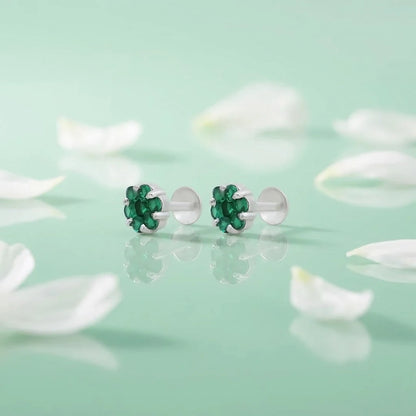 Small Silver Stud Earrings With Green Stones.
