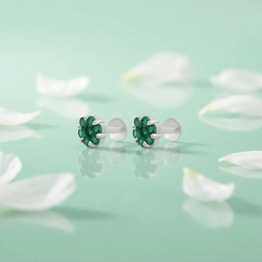 Small Silver Stud Earrings With Green Stones.