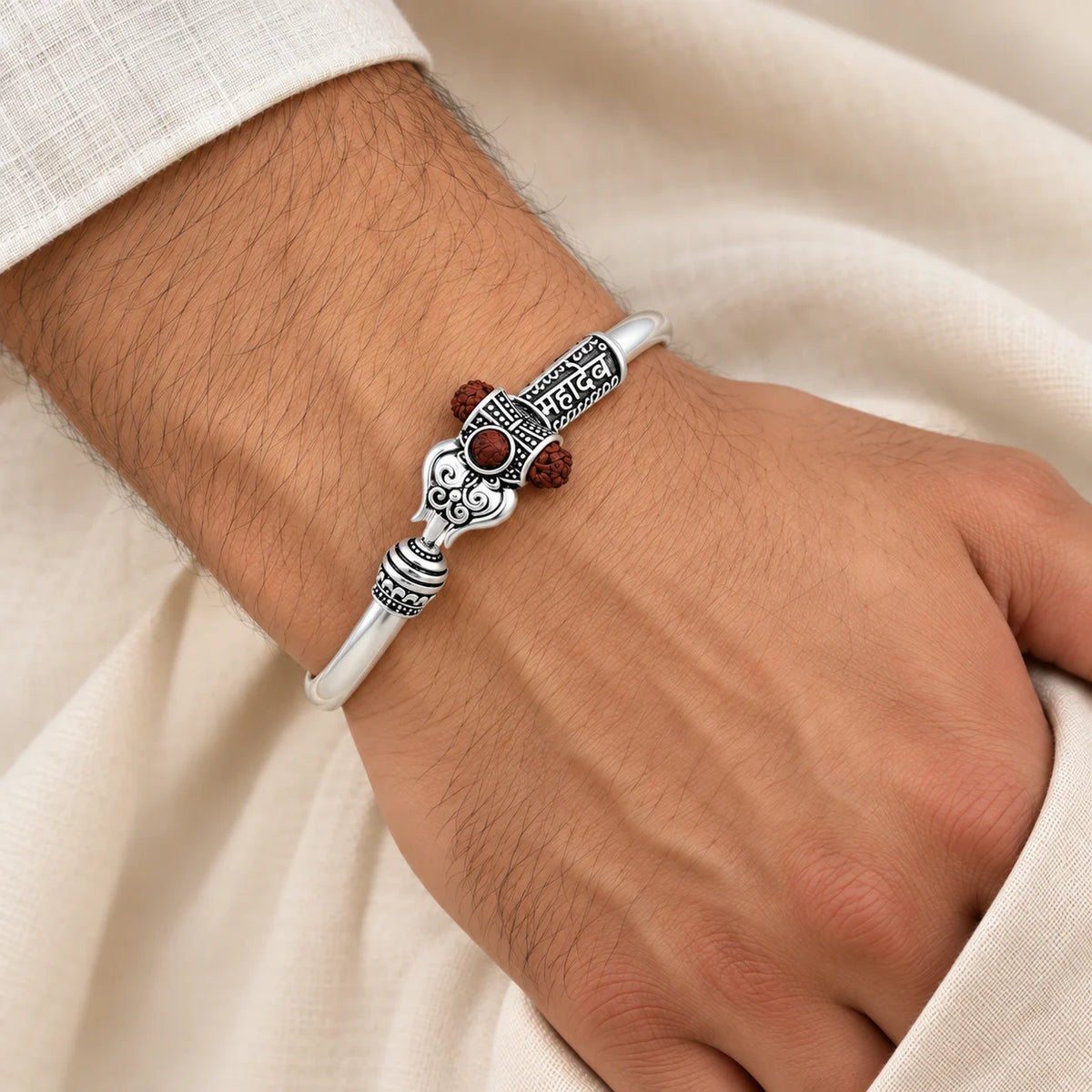 Spiritual Silver Kada with Rudraksha For Boys