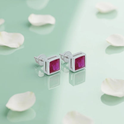 Sqaure Pink Stone Silver Stud Earrings