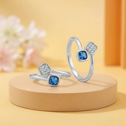 Square Blue Gemstone Silver Toe Ring with Flower Design