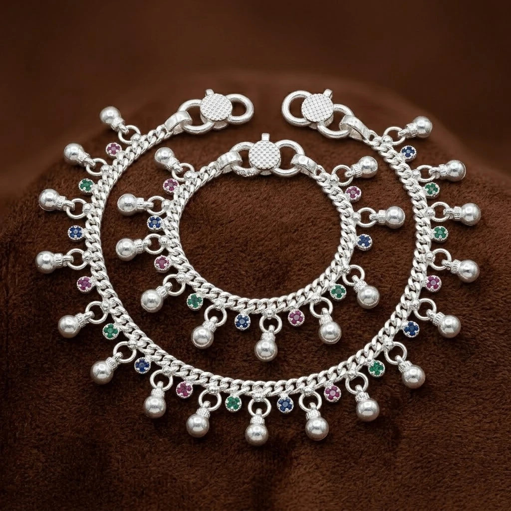 Sterling Silver Baby Payal with Multicolor Stone Charms Traditional Baby Anklet Pair