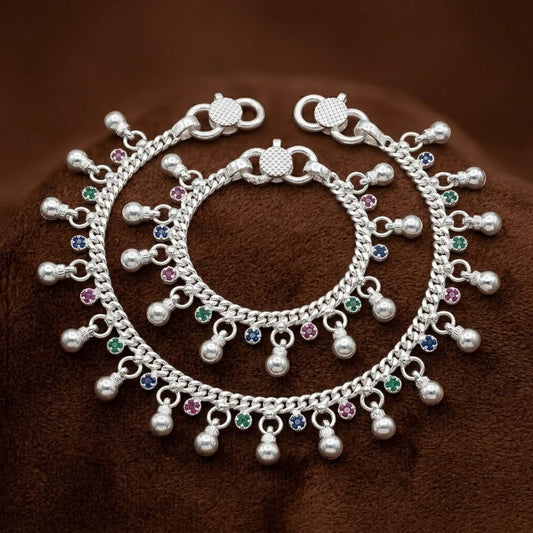 Sterling Silver Baby Payal with Multicolor Stone Charms Traditional Baby Anklet Pair