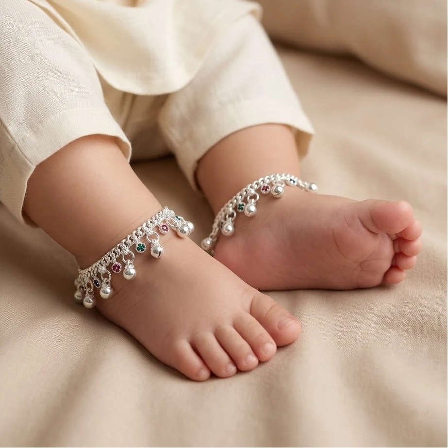Sterling Silver Baby Payal with Multicolor Stone Charms Traditional Baby Anklet Pair