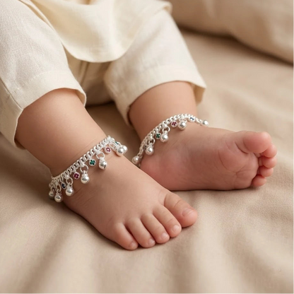 Sterling Silver Baby Payal with Multicolor Stone Charms Traditional Baby Anklet Pair