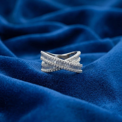 Sterling Silver Criss-Cross Baguette Diamond Ring