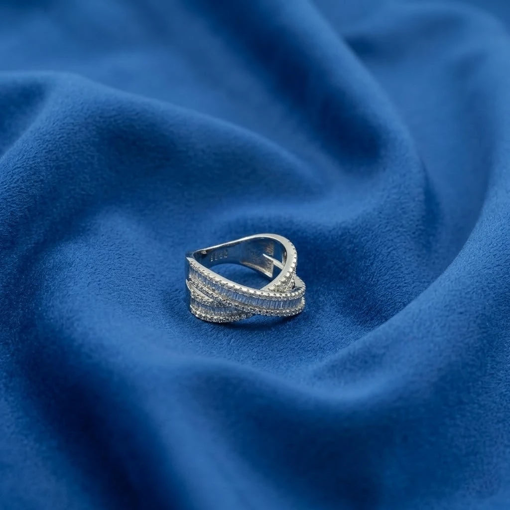Sterling Silver Criss-Cross Baguette Diamond Ring