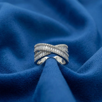 Sterling Silver Criss-Cross Baguette Diamond Ring