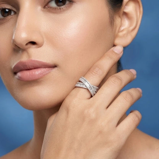 Sterling Silver Criss-Cross Baguette Diamond Ring