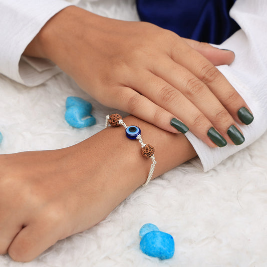 Sterling Silver Evil Eye Bracelet with Rudraksha for women
