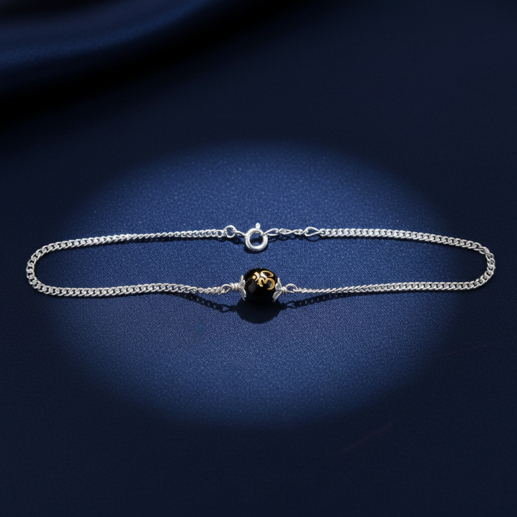 Sterling Silver Om Black Bead Chain Bracelet – Spiritual Unisex Chain Bracelet for Daily Wear
