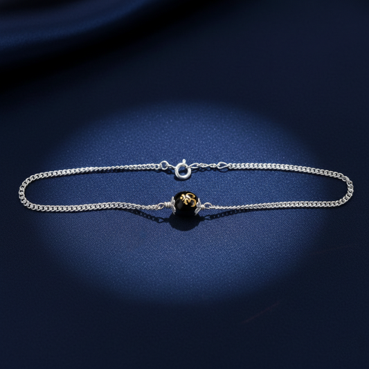 Sterling Silver Om Black Bead Chain Bracelet – Spiritual Unisex Chain Bracelet for Daily Wear