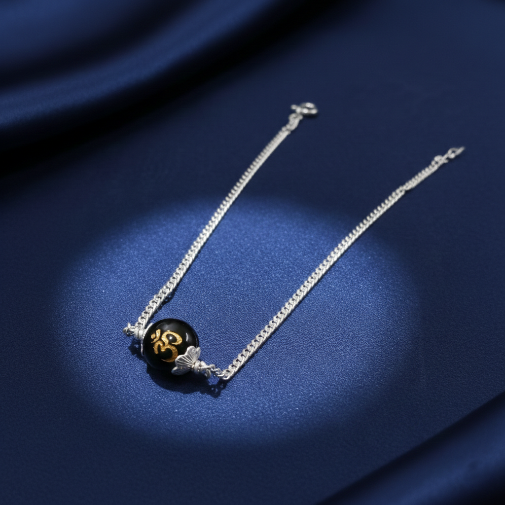 Sterling Silver Om Black Bead Chain Bracelet – Spiritual Unisex Chain Bracelet for Daily Wear