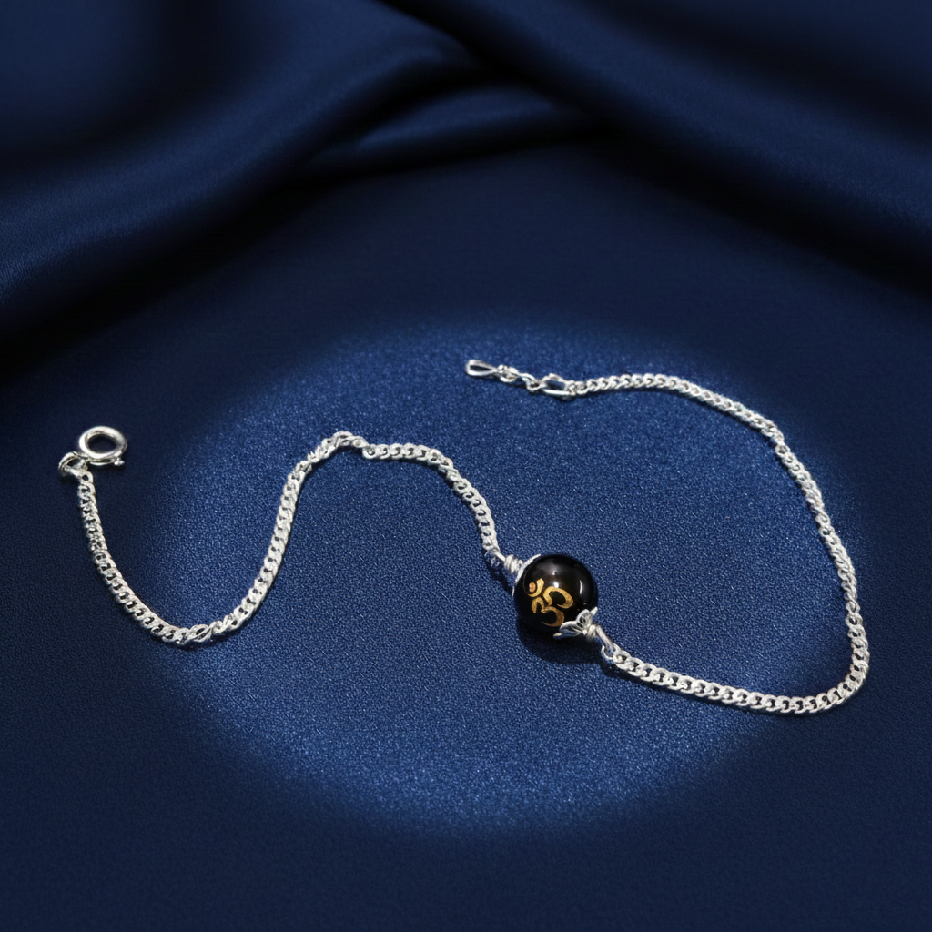 Sterling Silver Om Black Bead Chain Bracelet – Spiritual Unisex Chain Bracelet for Daily Wear