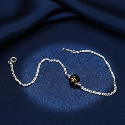 Sterling Silver Om Black Bead Chain Bracelet – Spiritual Unisex Chain Bracelet for Daily Wear