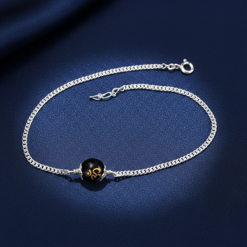 Sterling Silver Om Black Bead Chain Bracelet – Spiritual Unisex Chain Bracelet for Daily Wear