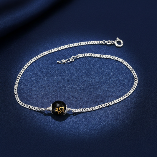 Sterling Silver Om Black Bead Chain Bracelet – Spiritual Unisex Chain Bracelet for Daily Wear