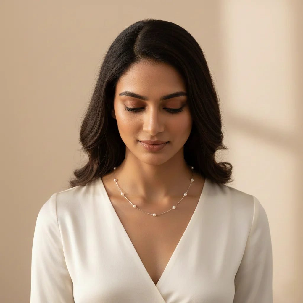 Sterling Silver Small Connecting Design with Pearl Chain For Women
