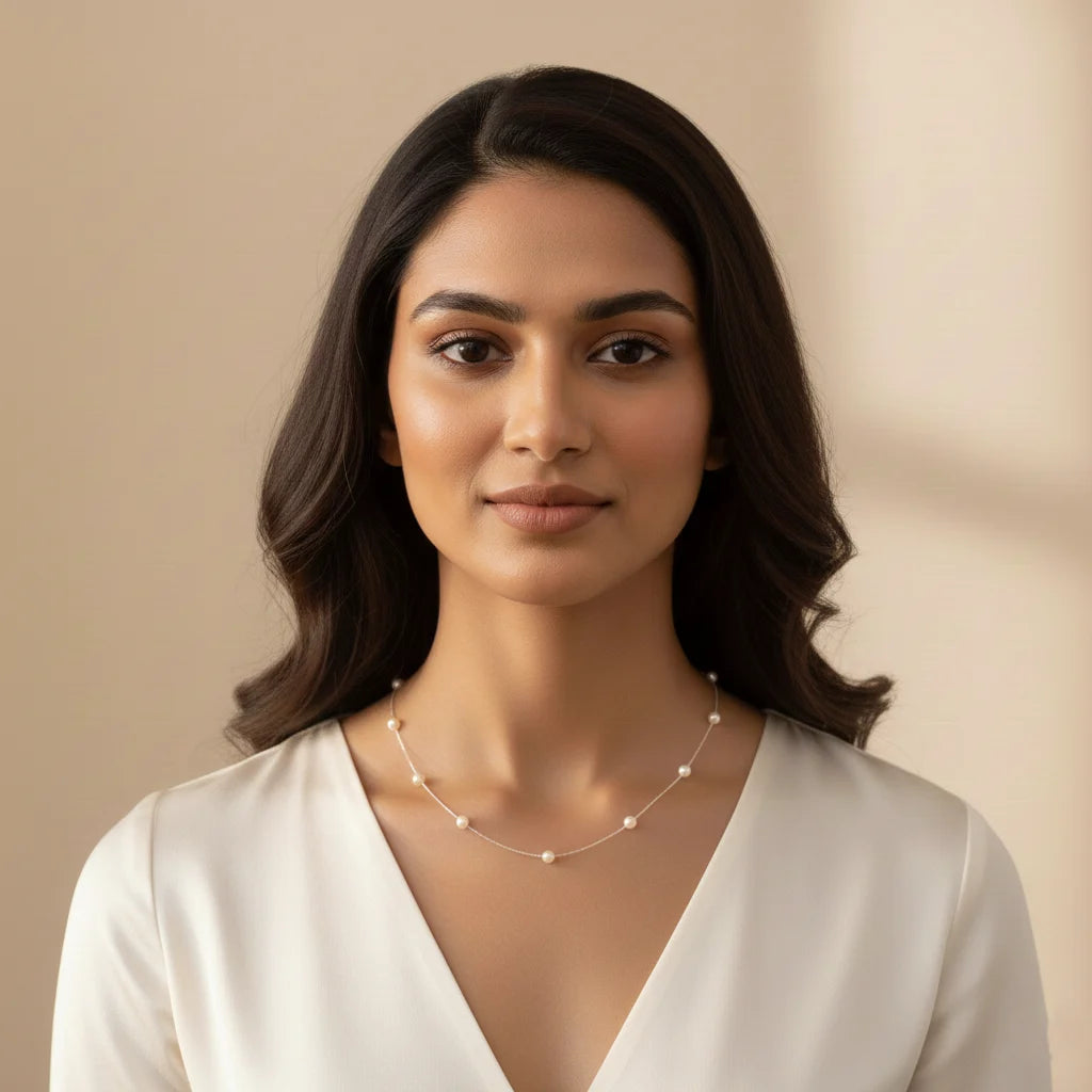 Sterling Silver Small Connecting Design with Pearl Chain For Women
