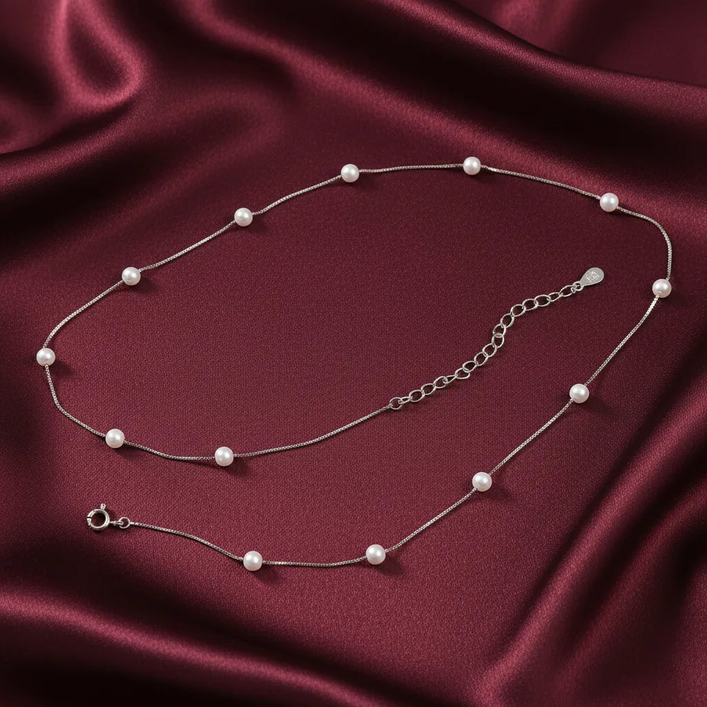 Sterling Silver Small Connecting Design with Pearl Chain For Women
