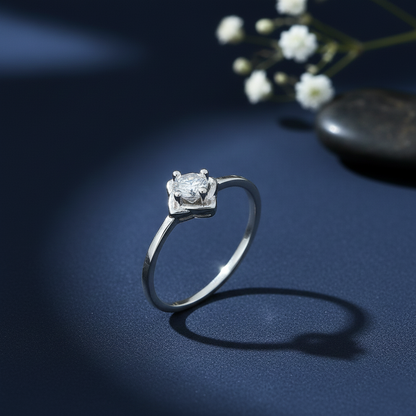 Sterling Silver Square Flower Solitaire Ring for Women
