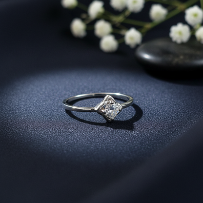 Sterling Silver Square Flower Solitaire Ring for Women