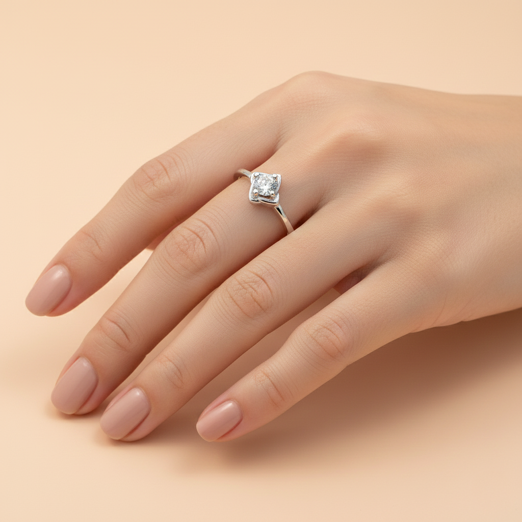 Sterling Silver Square Flower Solitaire Ring for Women