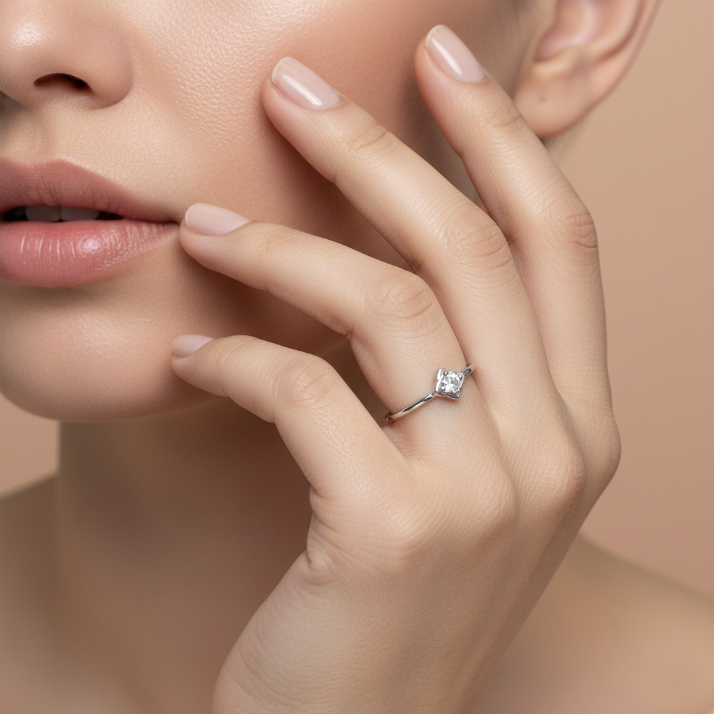 Sterling Silver Square Flower Solitaire Ring for Women