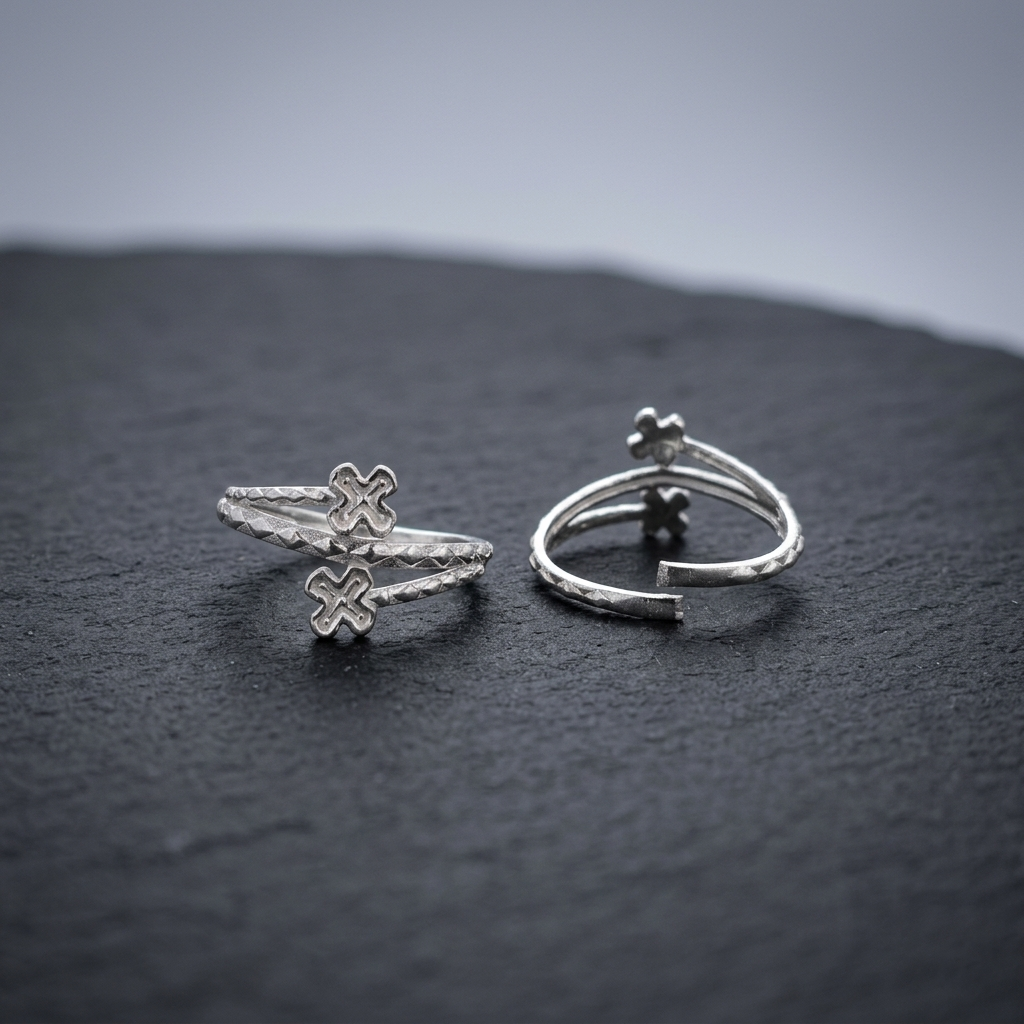 Silver Cross Floral Adjustable Toe Ring (Bichiya) for Women & Girls
