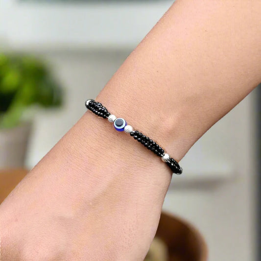 Sterling Silver Evil Eye with Black Beads Bracelet for women
