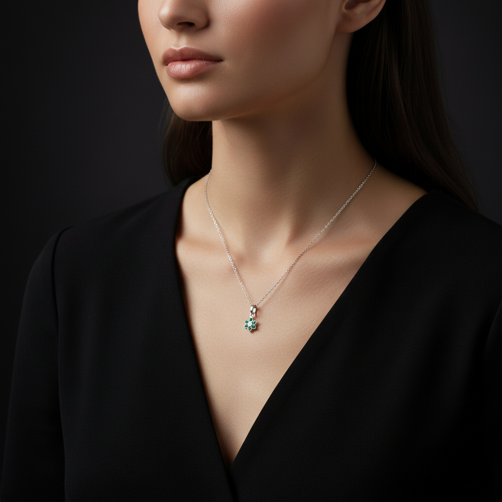 Sterling Silver Green Stone Floral Pendant