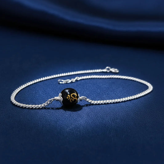 Sterling Silver Om Black Bead Chain Bracelet for man
